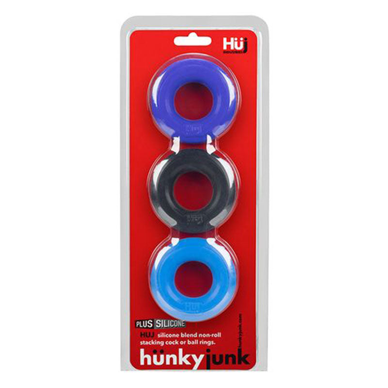 Hunkyjunk HUJ3 3-pack c-ring, blue multi Oxballs Hunkyjunk HUJ3 blue black light blue ring 3-pack on red card
