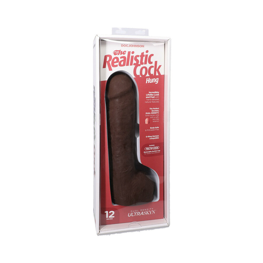 The Realistic Cock Hung 12 in. ULTRASKYN Vac-U-Lock Dildo Chocolate 12-inch chocolate Realistic Cock Hung ULTRASKYN dildo in red clear-front package