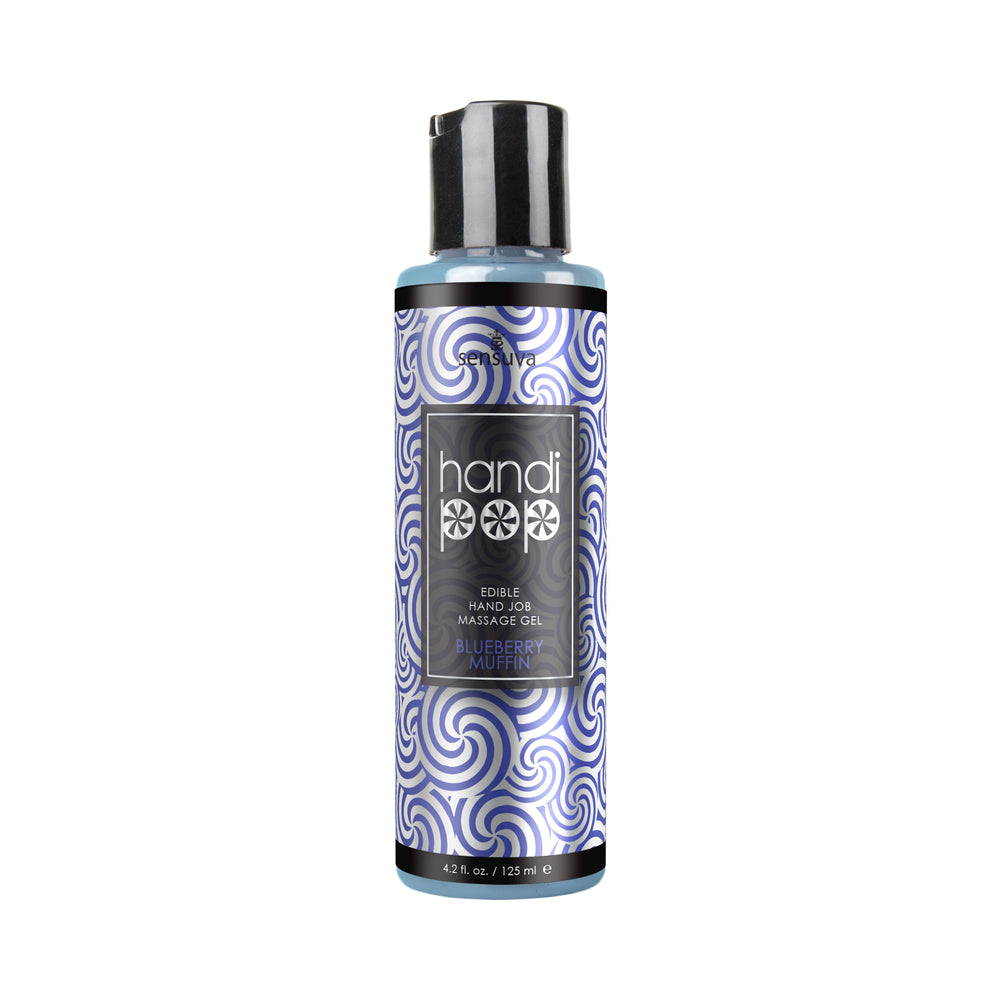 Sensuva HandiPop Edible Hand Job Massage Gel Blueberry Muffin 4.2 oz. Blue Sensuva HandiPop Blueberry Muffin bottle with black cap