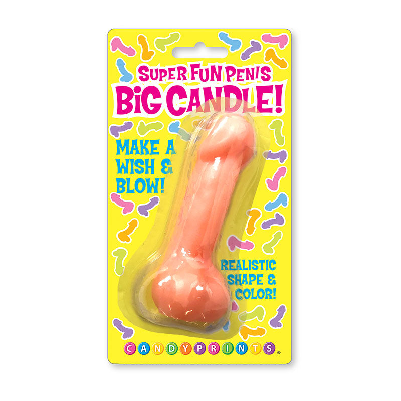 Super Fun Big Penis Candle, Pink Super Fun Big phallic wax candle sealed on bright yellow card with pink and blue lettering