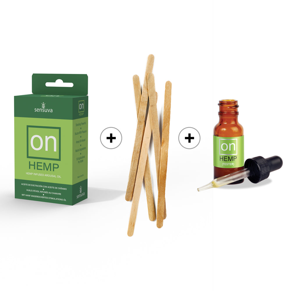 Sensuva ON Hemp Arousal Oil 5ml Medium Box 12 Piece + Tester/Sticks Refill Kit Sensuva ON Hemp green box amber dropper bottle tester and wooden sticks