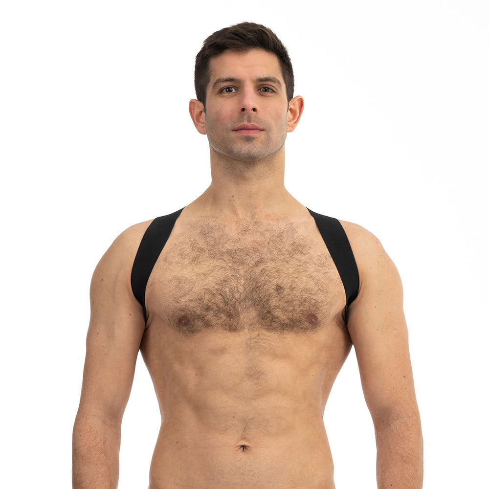 Prowler RED Sports Harness Lite Black S/M Front view of Prowler RED S/M black Sports Harness Lite worn