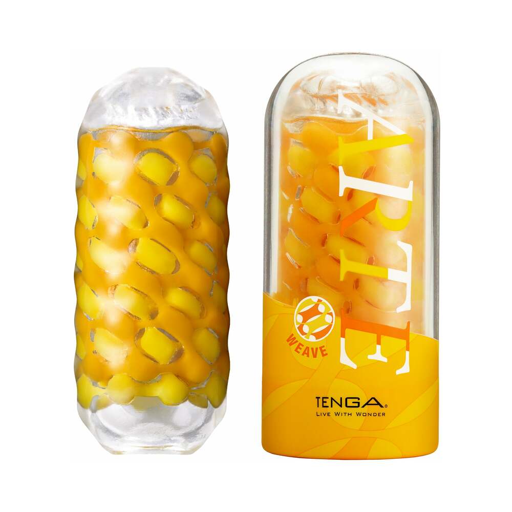 Tenga Arte Weave TENGA ARTE Weave yellow textured masturbator beside clear case