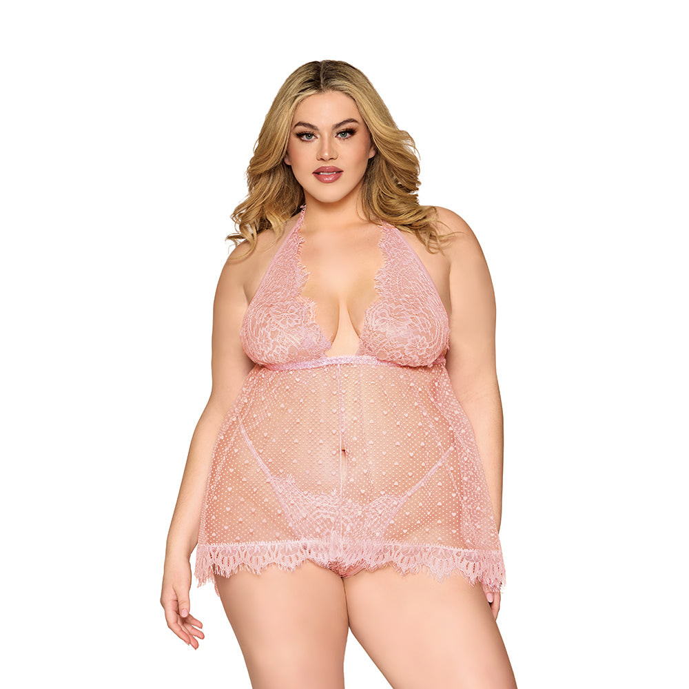 Dreamgirl Lace and Polka Dot Mesh Babydoll and G-String Rose Quartz 1XL model wearing Rose Quartz lace and dotted mesh babydoll with halter neck