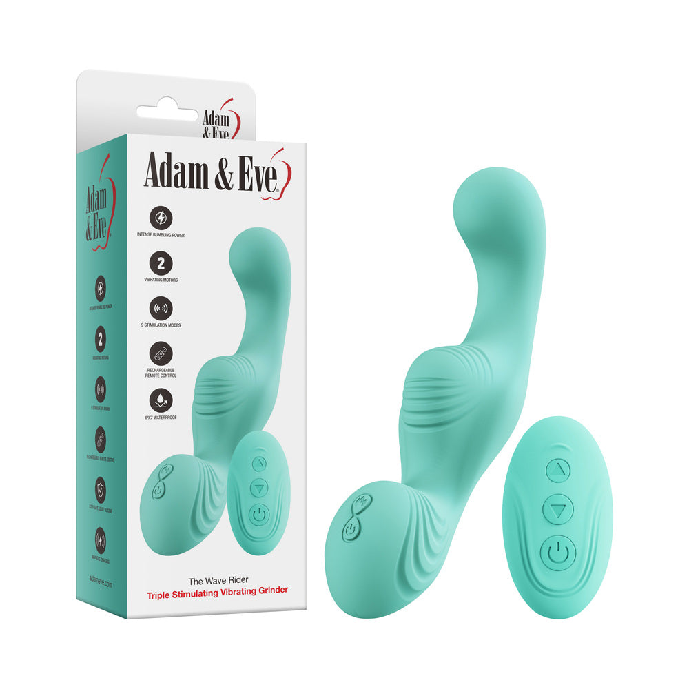 Adam & Eve The Wave Rider Teal Adam and Eve Wave Rider and oval remote displayed beside retail box