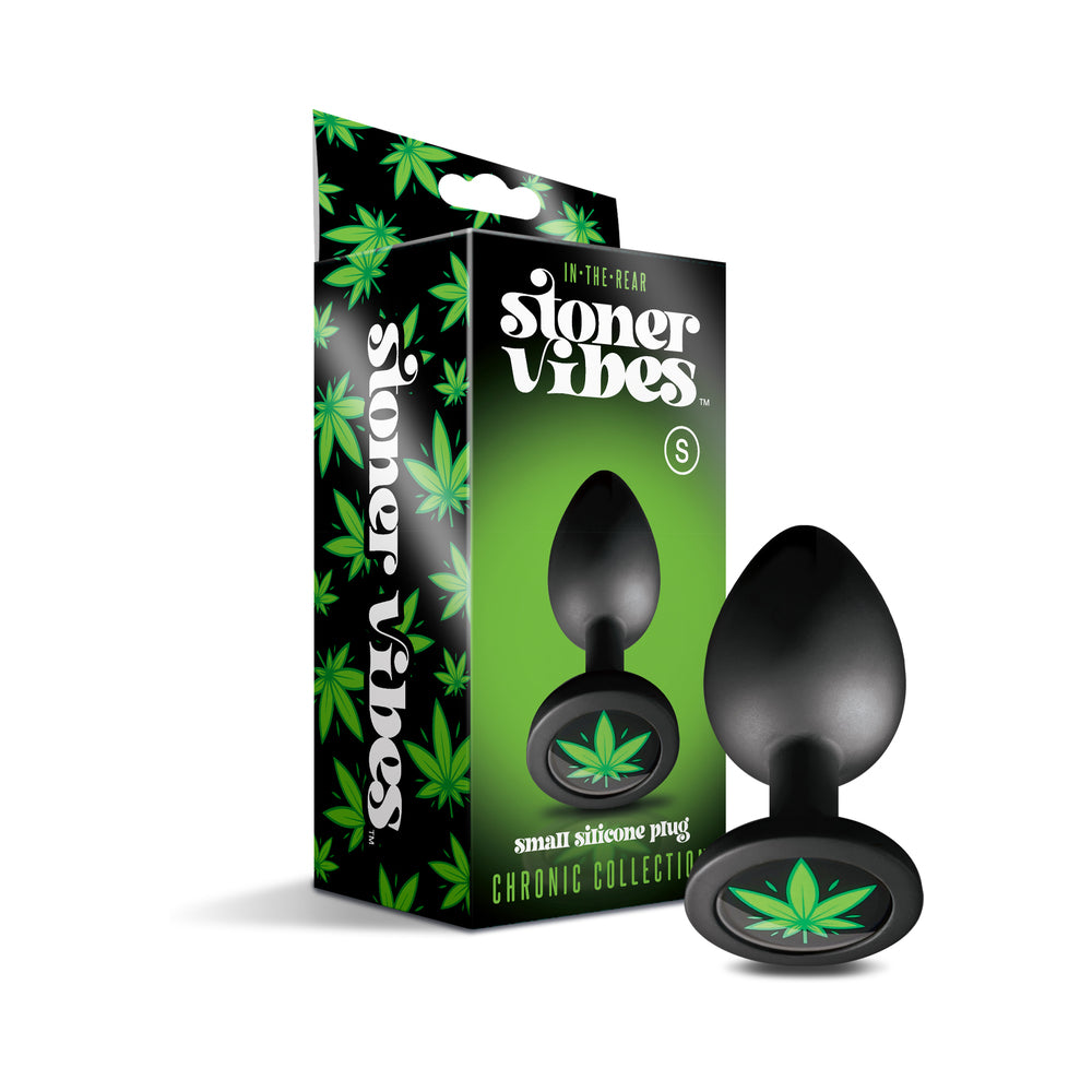 Stoner Vibes Chronic Collection Butt Plug Small Small black Stoner Vibes butt plug beside green Chronic Collection box