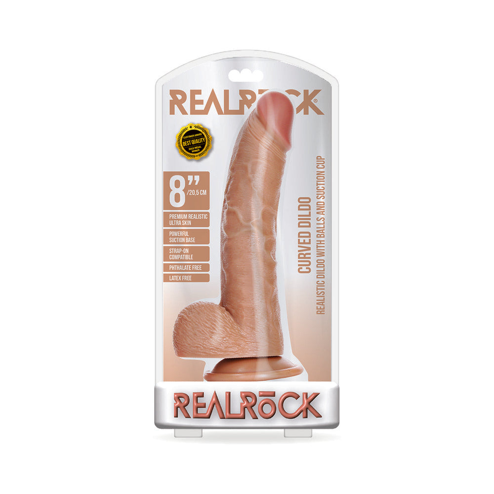 RealRock Realistic 8 in. Curved Dildo With Balls and Suction Cup Tan Tan Shots RealRock 8-inch dildo with balls retail package