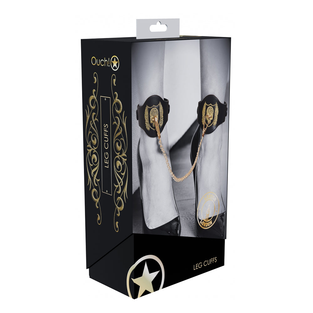 Ouch! International London Collection Leg Cuffs black London leg cuffs with gold embroidered panels and chain on box