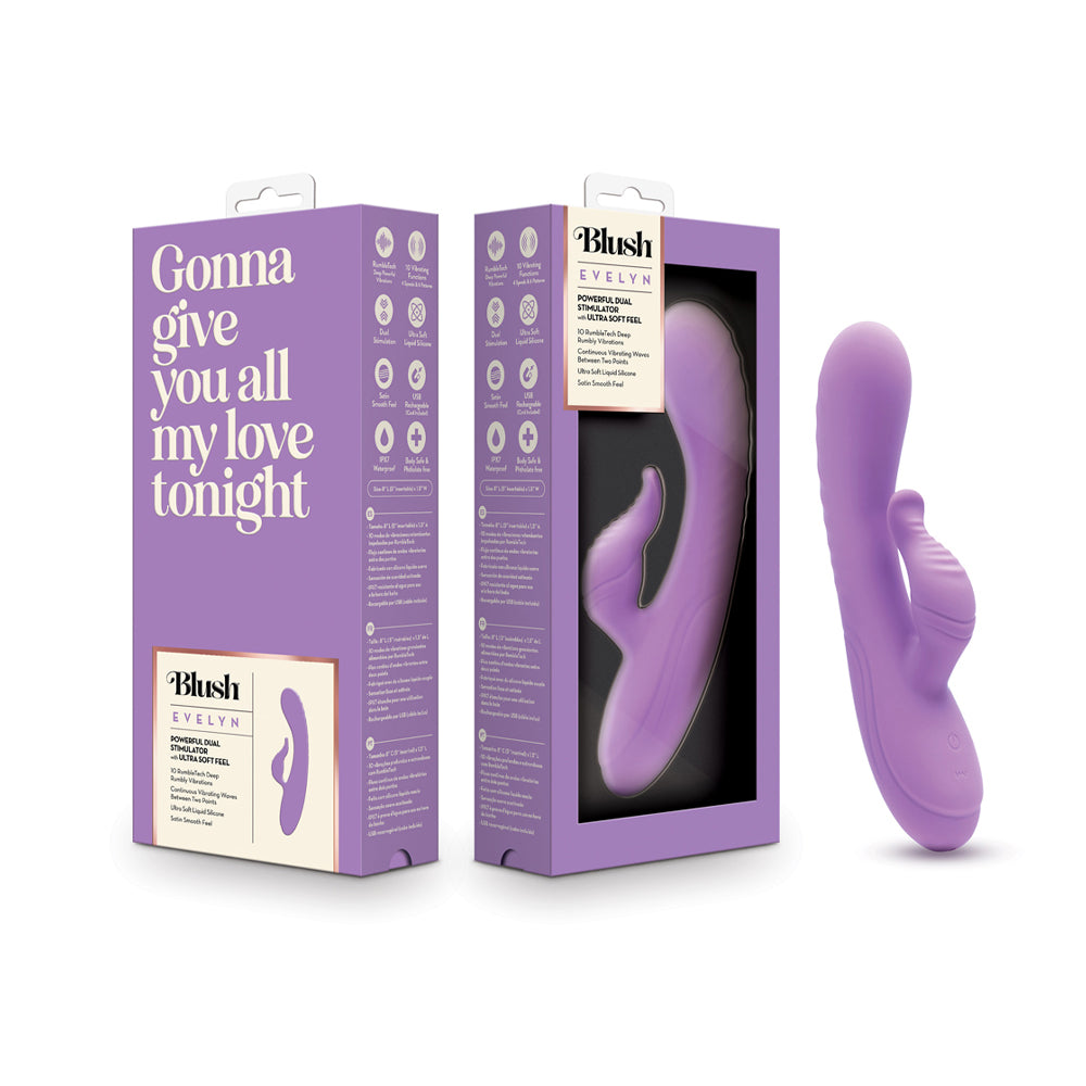 Blush Evelyn Purple purple Blush Evelyn dual-arm rabbit vibrator displayed beside purple window box