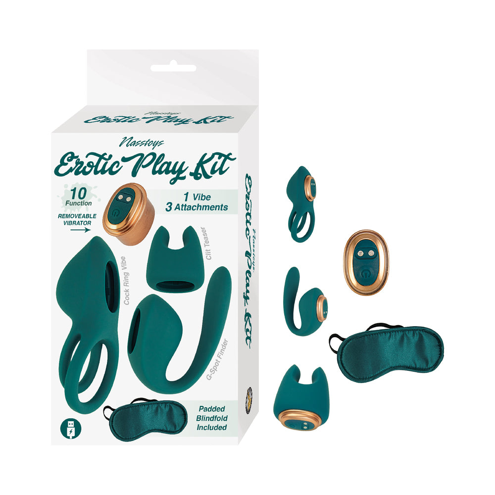 Exotic Play Kit 5-Piece Set Green teal Exotic Play Kit with blindfold, rechargeable motor and three attachments beside box