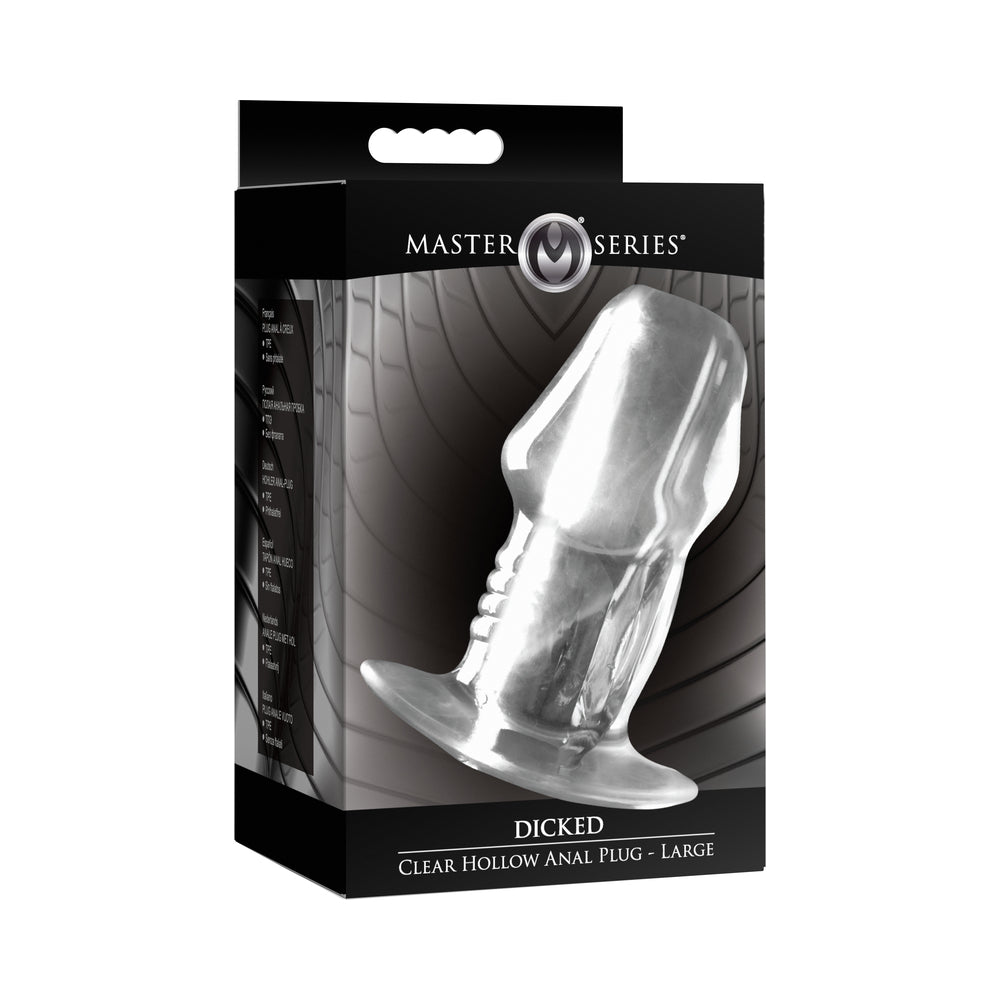 Master Series Dicked Clear Hollow Anal Plug Large Large clear Master Series Dicked hollow plug in black window box