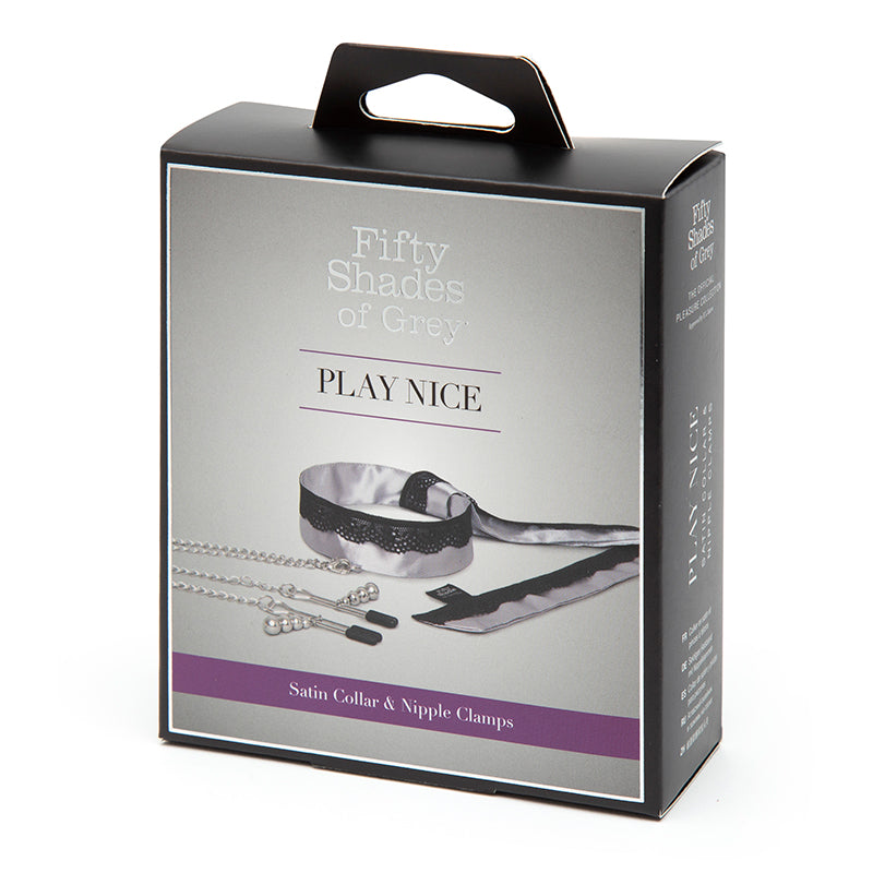 Fifty Shades of Grey Play Nice Satin Collar With Lace Trim & Adjustable Nipple Clamps Gray Fifty Shades Play Nice collar and clamp set in black retail box