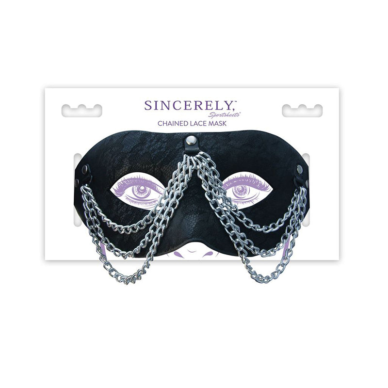 Sincerely, Sportsheets Chained Lace Mask Sportsheets Sincerely black chained lace mask inside wide white-and-purple retail card