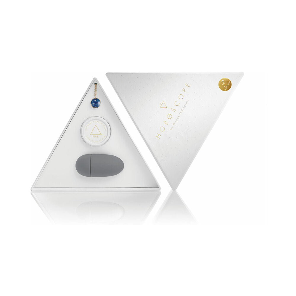 Bijoux Indiscrets Horoscope Kit Sagittarius open white Sagittarius Horoscope kit with blue stone necklace balm and gray finger vibrator