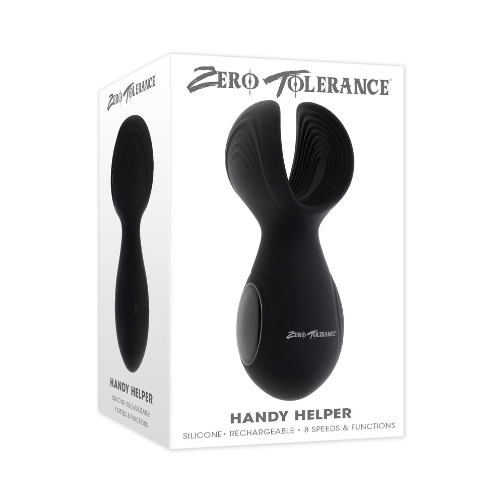 Zero Tolerance Handy Helper Rechargeable Vibrating Stroker Silicone Black Zero Tolerance Handy Helper black stroker beside white retail box