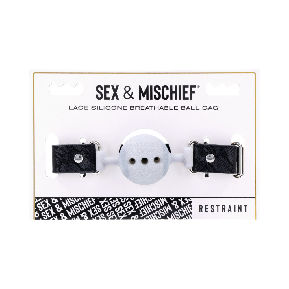 Sportsheets Sex & Mischief Lace Silicone Breathable Ball Gag Sportsheets ball gag with ventilated white silicone ball and black lace straps