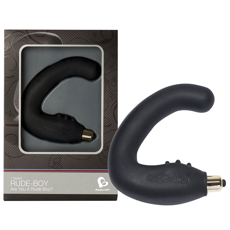 Rude Boy (Black) Black Rocks-Off Rude Boy curved dual-ended vibrator beside its retail box