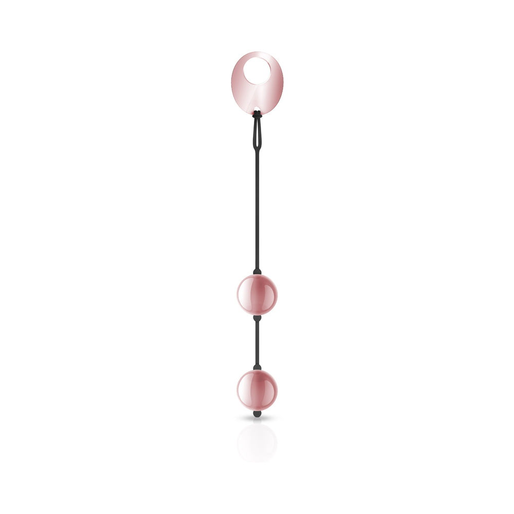 Rosy Gold Nouveau Ben Wa Balls two rose-gold Nouveau Ben Wa Balls linked by black cord and pull ring