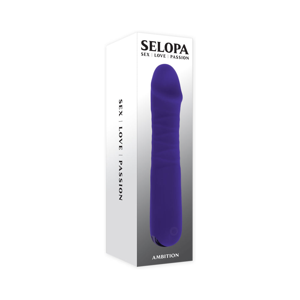 Selopa Ambition Rechargeable Thrusting Vibrator Silicone Purple Selopa Ambition purple thrusting vibrator inside tall white retail box