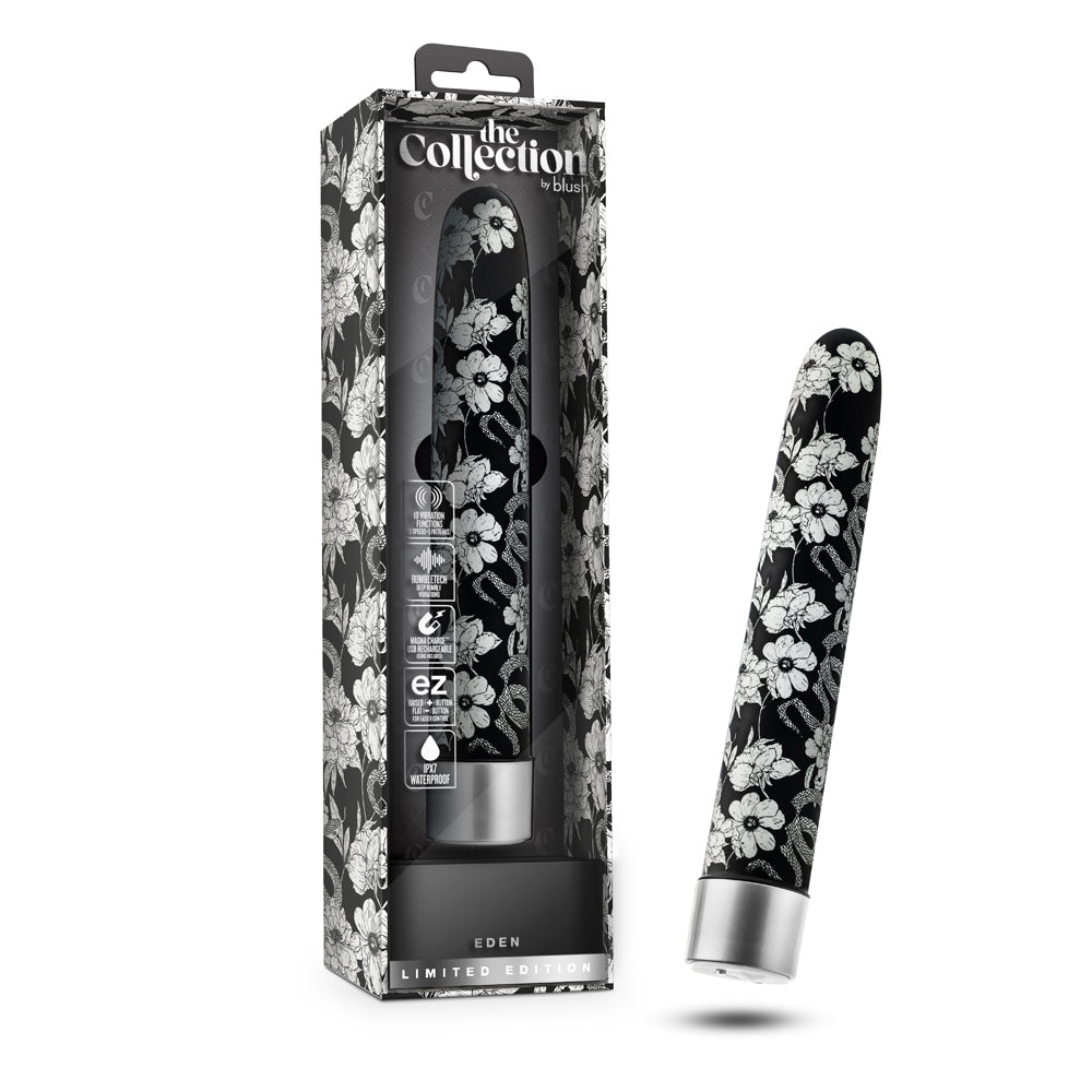 The Collection Eden Limited Edition Rechargeable 7 in. Vibrator Black black floral The Collection Eden vibrator beside patterned box