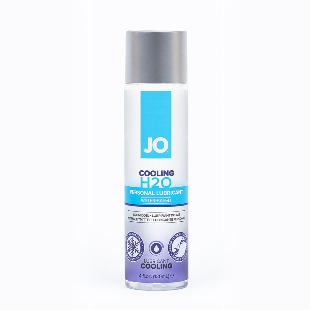 JO H2O Cooling Water-Based Lubricant 4 oz. Front of 4 oz System JO H2O Cooling bottle with blue label and silver pump