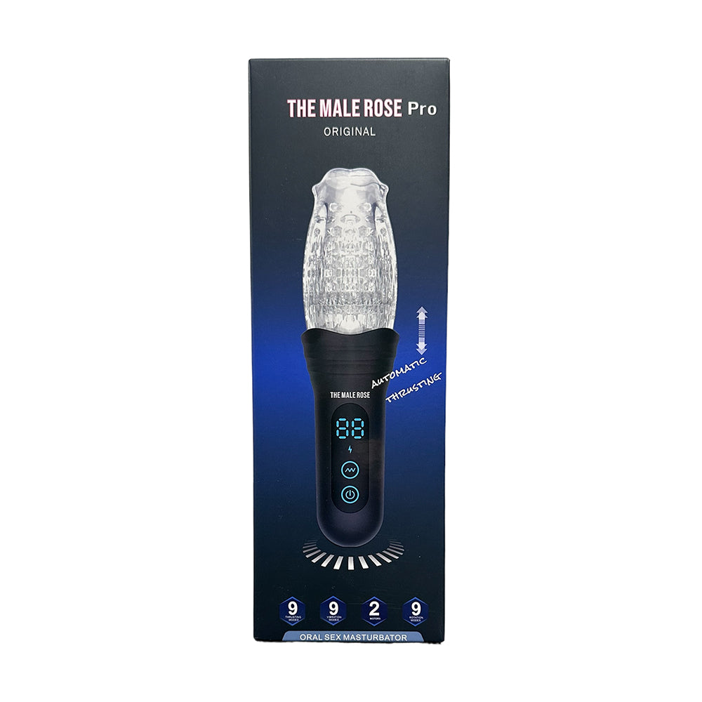 The Male Rose Pro The Male Rose Pro black digital masturbator with clear textured cup on tall box
