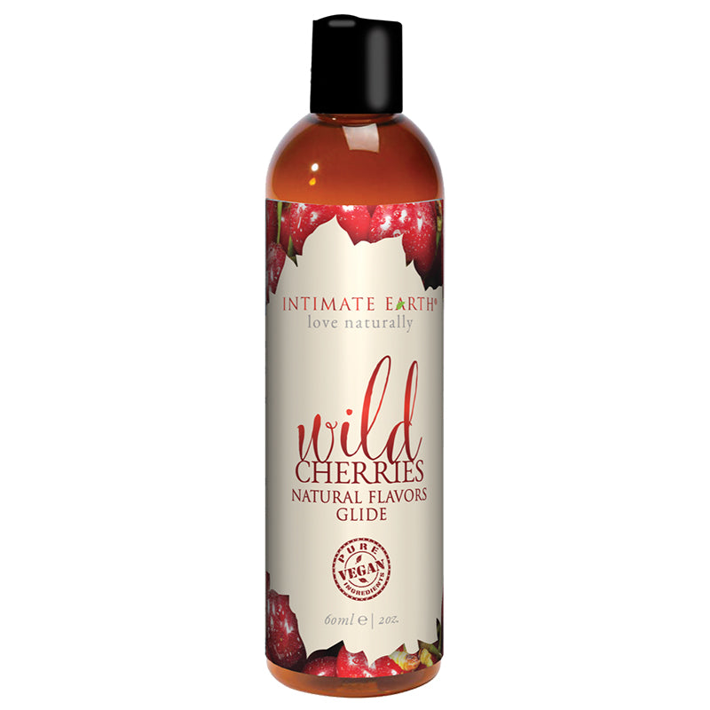 Intimate Earth Wild Cherries Pleasure Glide 60 ml/2 oz Intimate Earth Wild Cherries 2-ounce liquid upright bottle with black cap and red cherry artwork label