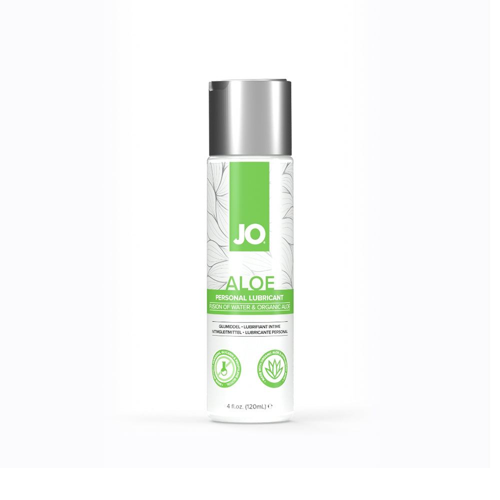 JO Aloe Water-Based Lubricant Original 4 oz. 4 oz System JO Aloe water-based lubricant in silver bottle with green label