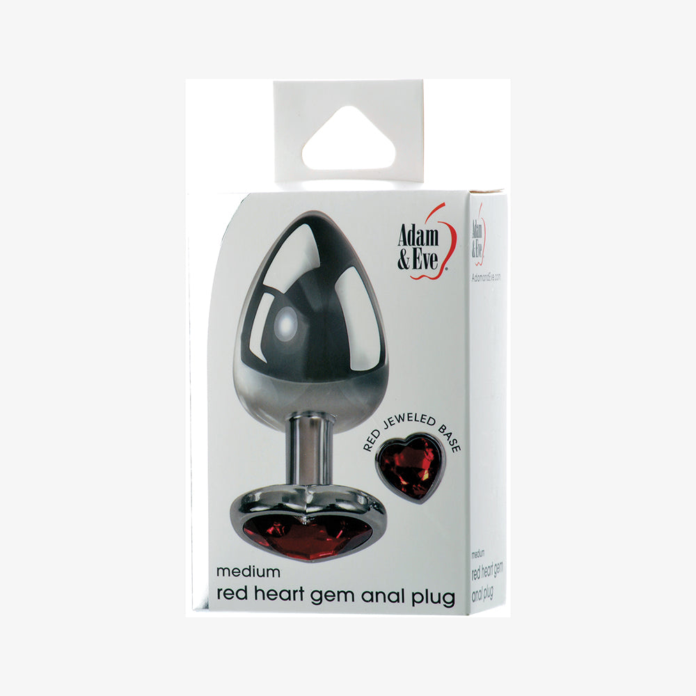 Adam & Eve Red Hearts Gem Anal Plug Medium Adam & Eve Red Heart Medium metal anal plug shown inside white retail box