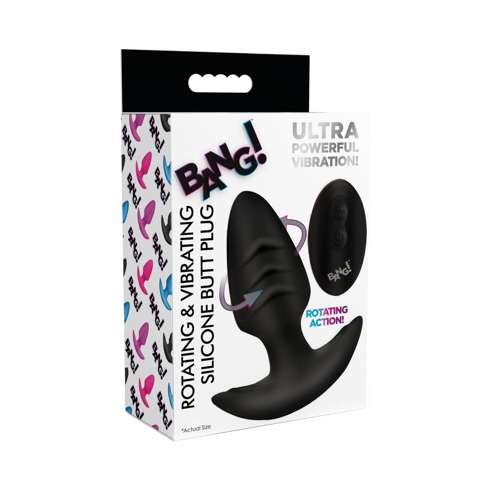 BANG! Rotating & Vibrating Silicone Butt Plug with Remote Black BANG black rotating vibrating silicone plug with remote pictured on carton