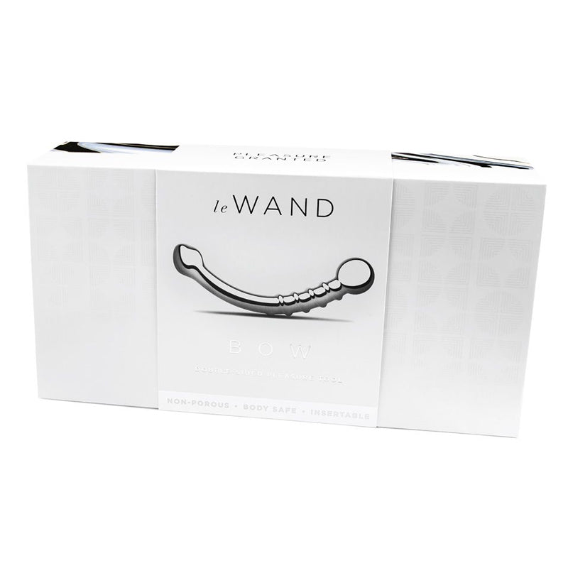 Le Wand Bow Stainless Steel Massager Le Wand Bow curved stainless steel massager pictured on white box