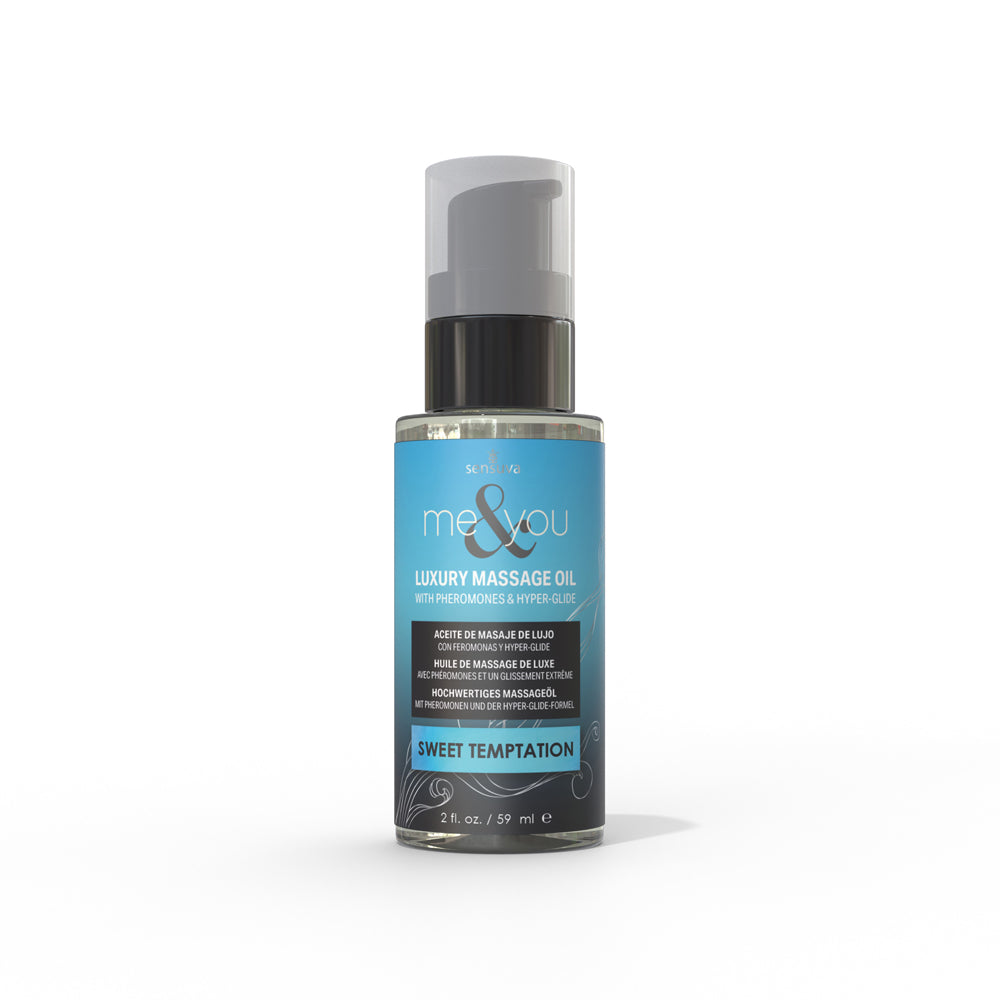 Sensuva Me & You Pheromone-Infused Luxury Massage Oil Sweet Temptation 2 oz. Sensuva Me and You Sweet Temptation massage oil in blue pump bottle