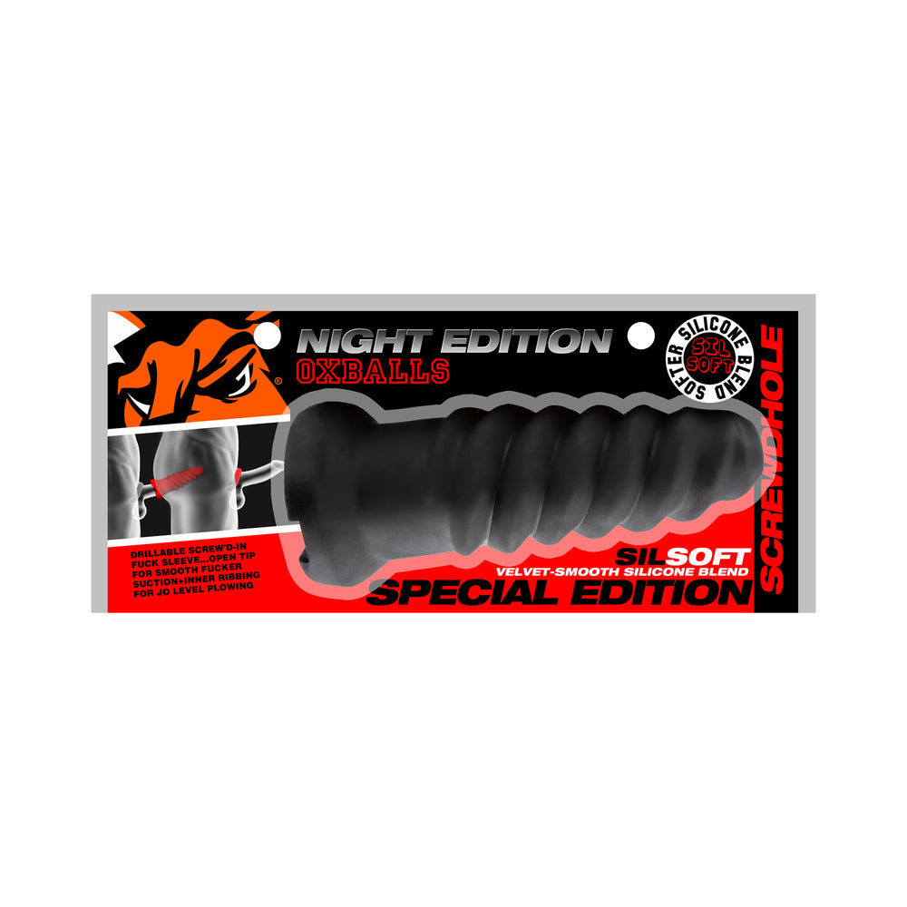 Oxballs Screwdhole Screw''d-In Open Tip Masturbator Special Edition Night Oxballs Screwdhole Night black spiral-ribbed open-tip sleeve