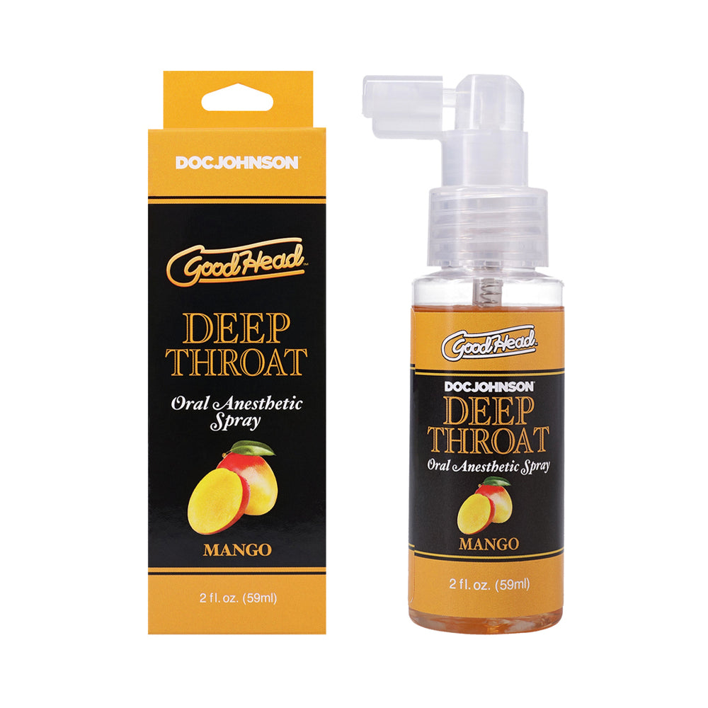 GoodHead Deep Throat Spray Mango 2 oz. GoodHead Mango Deep Throat Spray 2 oz clear pump bottle beside black and orange carton