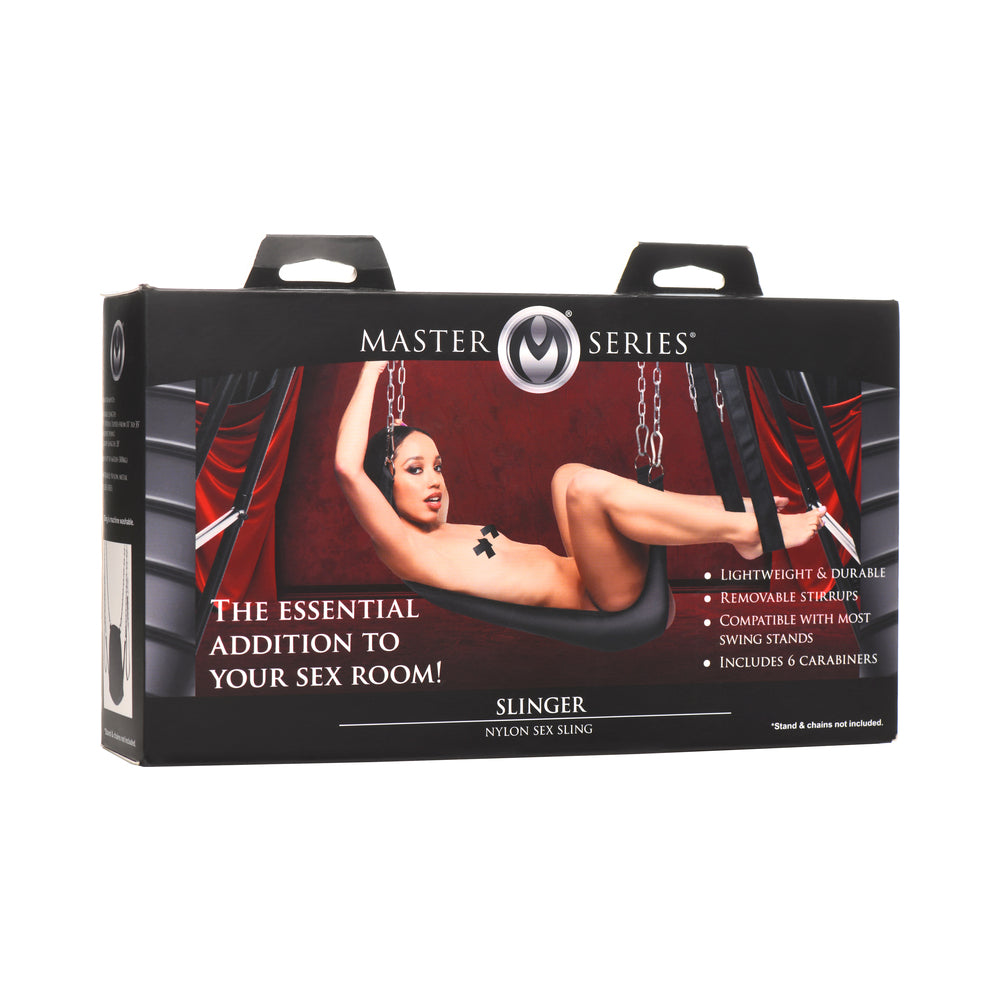 Master Series Slinger Nylon Sex Sling Master Series Slinger black nylon sex sling shown on wide retail box