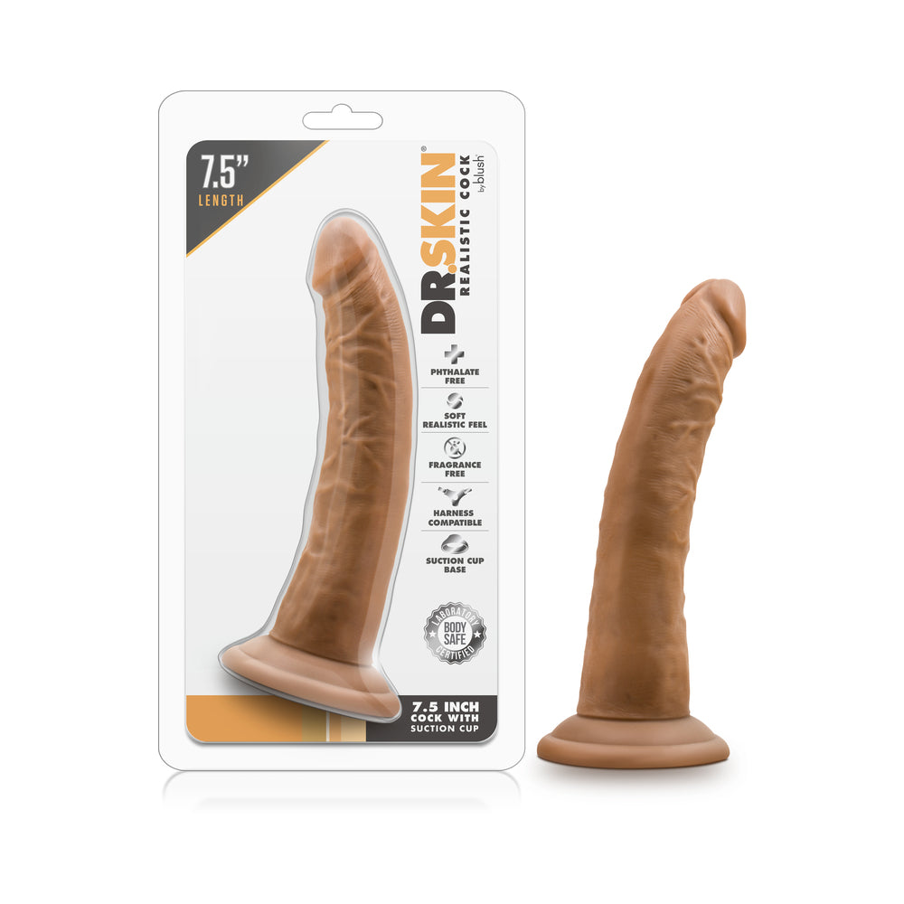 Dr. Skin Realistic 7.5in. Dildo Tan Blush Dr. Skin tan 7.5-inch dildo beside clear Dr. Skin retail package