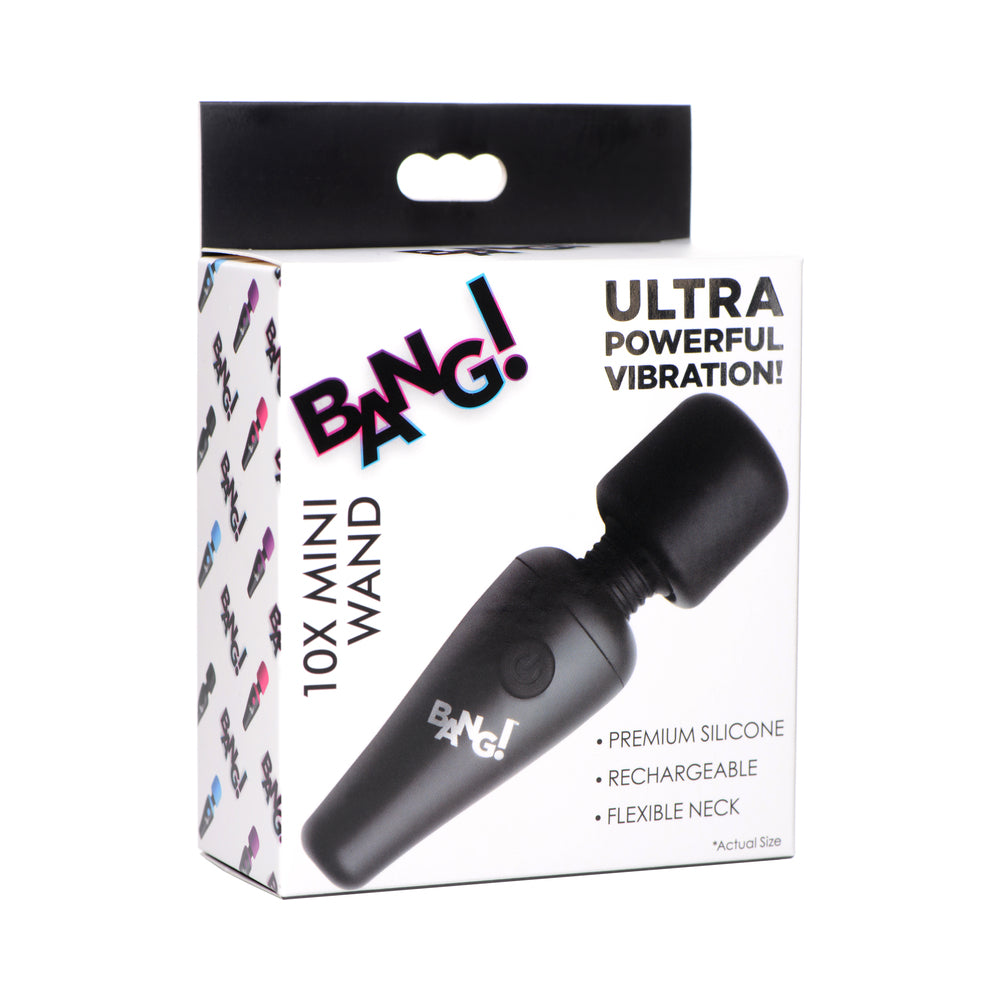 BANG! 10X Vibrating Mini Silicone Wand Black black BANG 10X rechargeable mini wand pictured on black-trimmed retail box