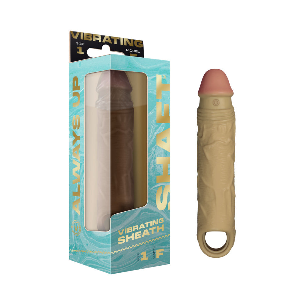 Shaft Vibrating Model F: Sheath Size 1 Oak Oak tan Shaft Model F vibrating sheath with looped end beside box