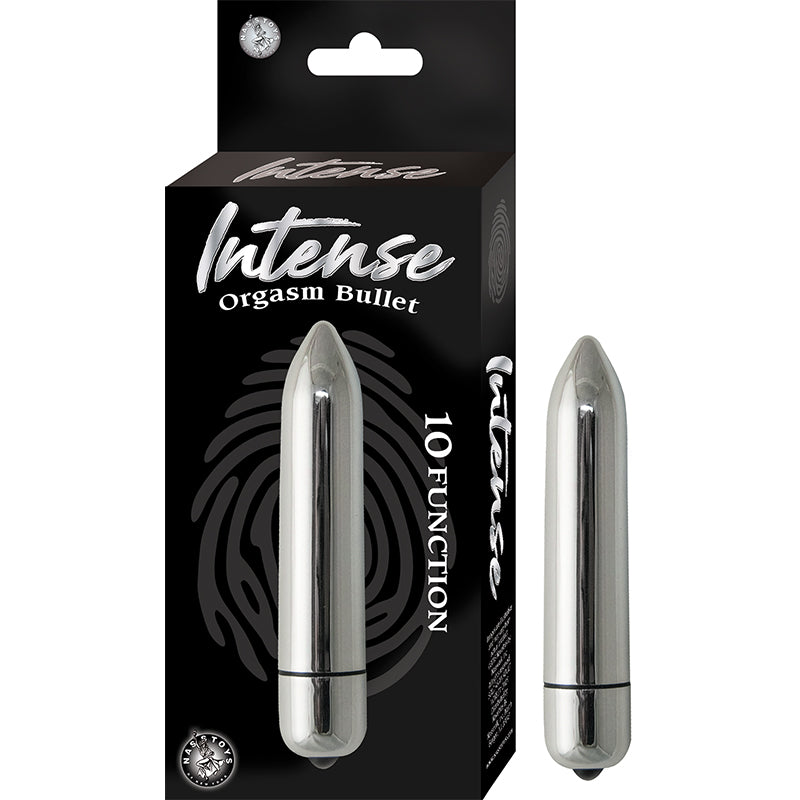 Intense Orgasm Bullet 10 Function Waterproof Silver Silver Nasstoys Intense 10-function bullet vibrator beside black carton