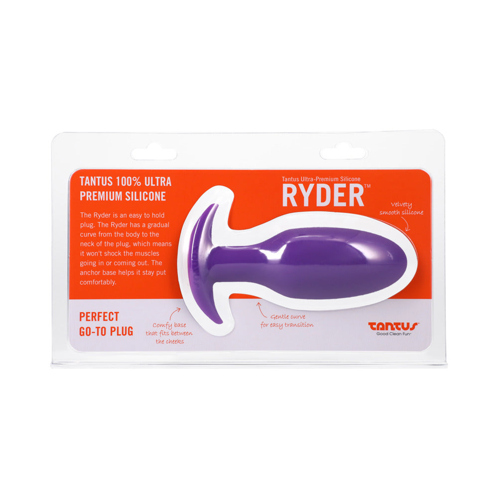 Tantus Ryder Anal Plug Lilac Tantus Ryder Lilac plug displayed in clear and orange retail pack