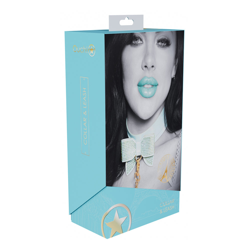 Ouch! International Paris Collection Collar with Leash Blue blue Paris Collection collar and leash displayed in aqua Ouch retail box