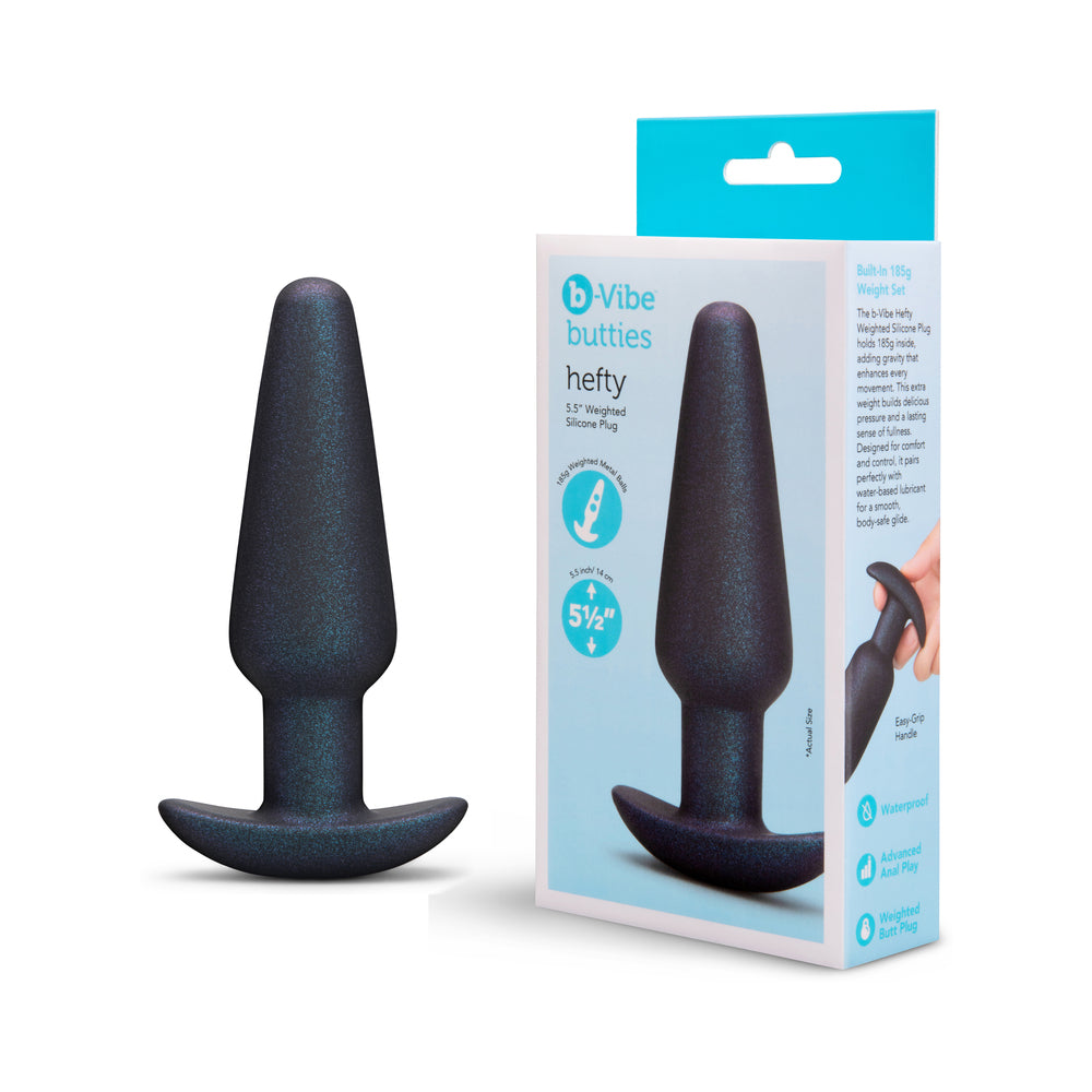 b-Vibe Hefty Black b-Vibe Hefty weighted plug beside retail box
