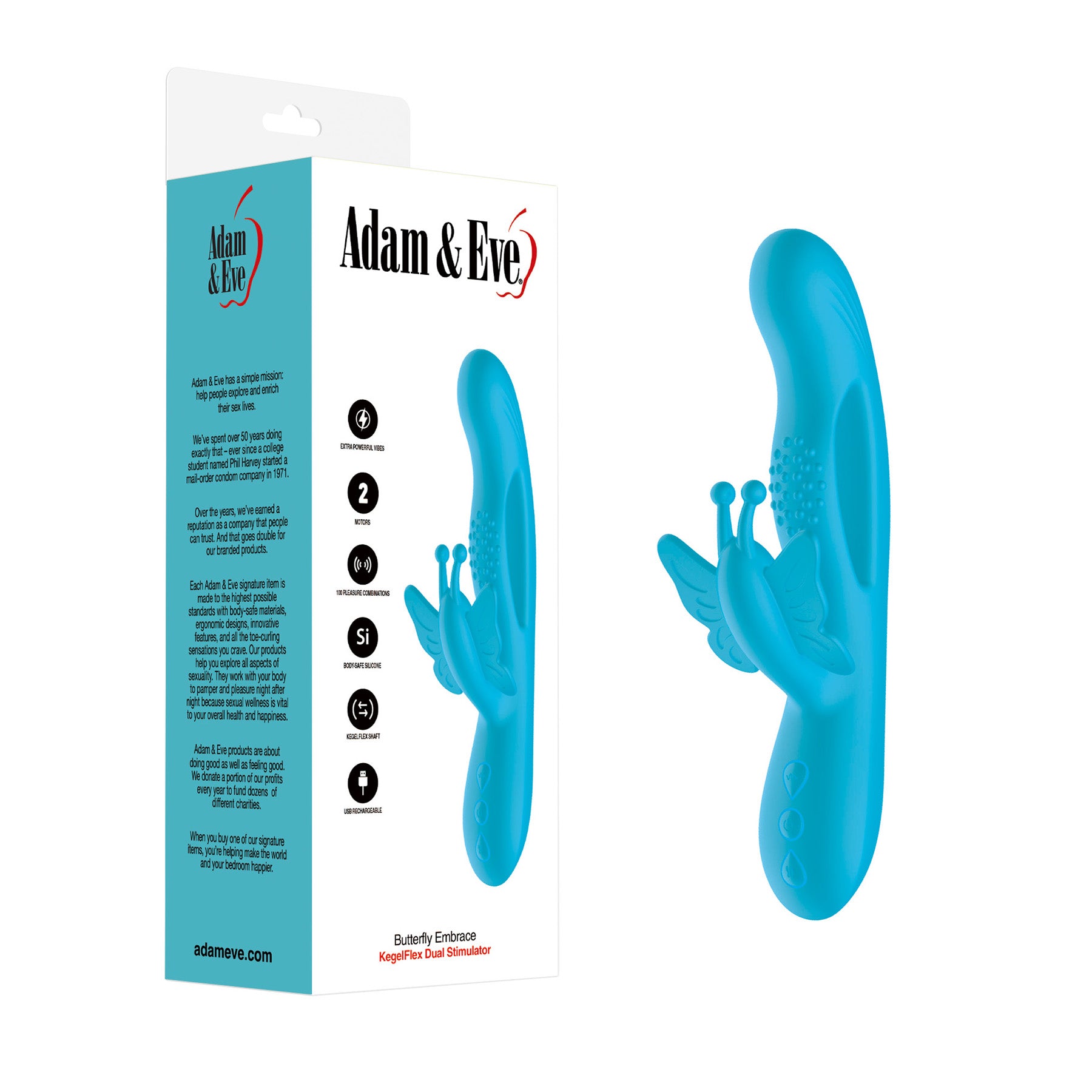 Adam & Eve Butterfly Embrace KegelFlex Dual Stimulator Adam and Eve Butterfly Embrace teal massager beside white and teal retail box