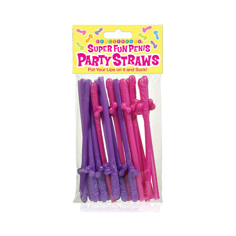 Super Fun Penis Party Straws 8-Pack Eight pink and purple Super Fun Penis Party Straws in clear package
