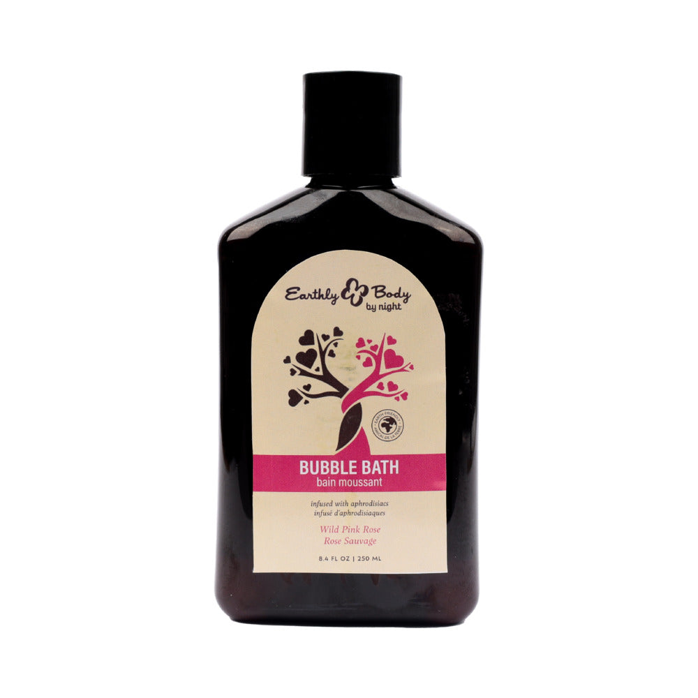 Earthly Body At Night Aphrodisiac Bubble Bath Wild Pink Rose 8.4 oz. Front of Earthly Body wild pink rose bubble bath 8.4 oz bottle