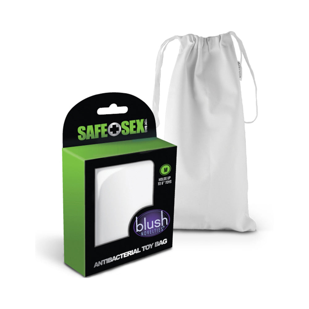 Safe Sex Antibacterial Toy Bag Medium Blush Medium White Drawstring Toy Bag white storage bag beside green black retail carton
