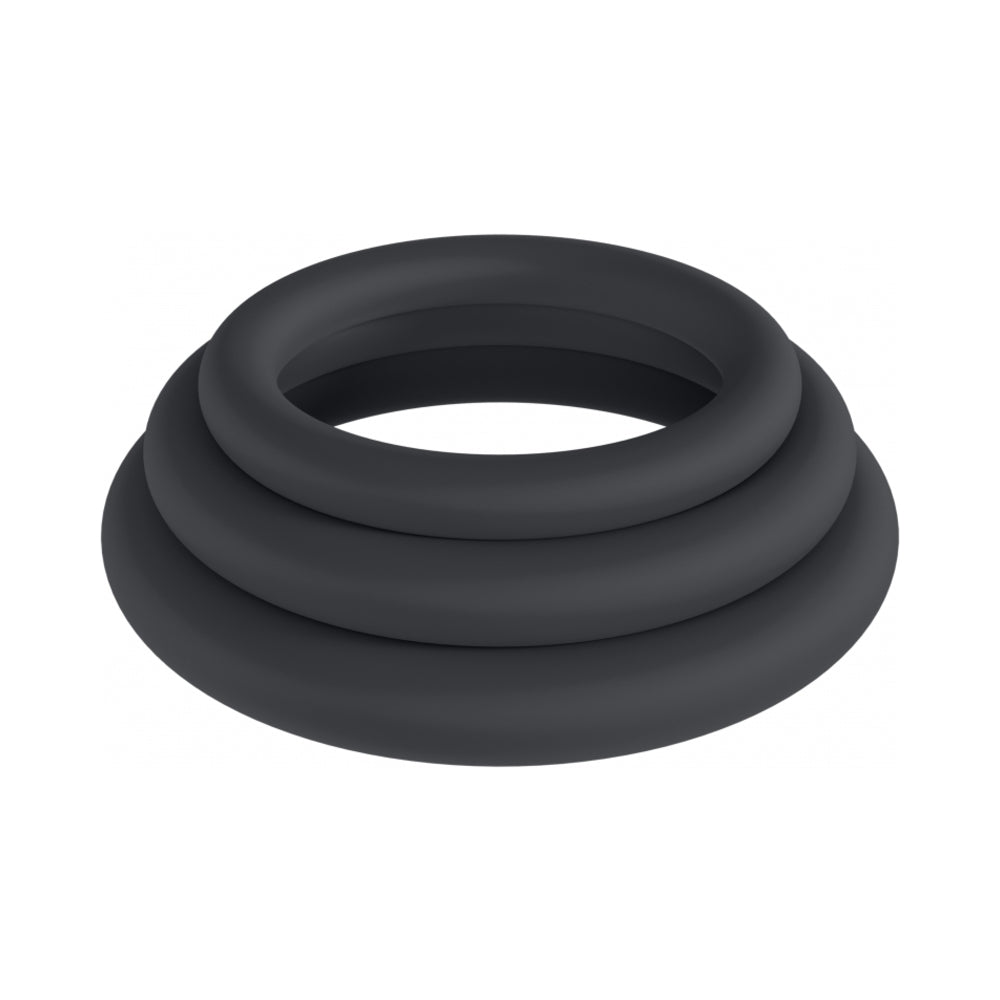 LEVELZ Classic Silicone Cock Ring Set of 3 (L/XL/XXL) Black Three black LEVELZ Classic rings in L, XL and 2XL sizes