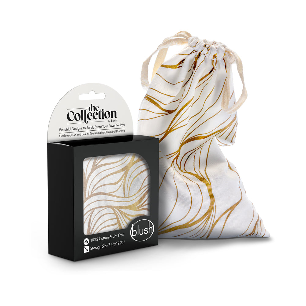 The Collection Embrace Cotton Toy Bag The Collection Embrace cotton toy bag white and gold drawstring pouch beside window box