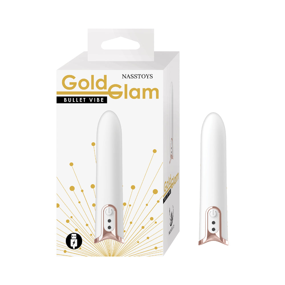 Gold Glam Bullet Vibe White Nasstoys Gold Glam white Bullet Vibrator beside retail box