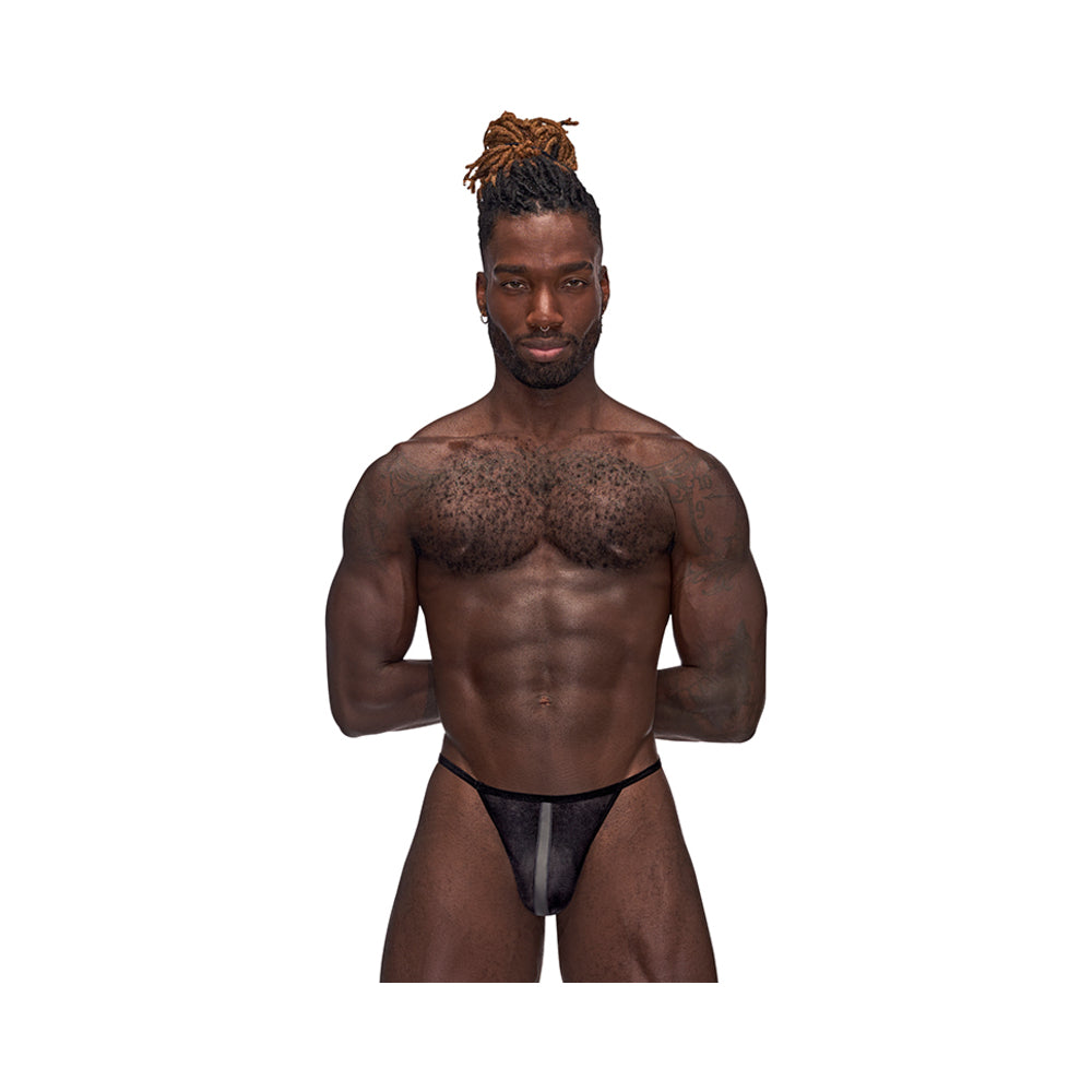 Male Power Landing Strip Micro Thong Black S/M Close front view of black Male Power Landing Strip Micro Thong